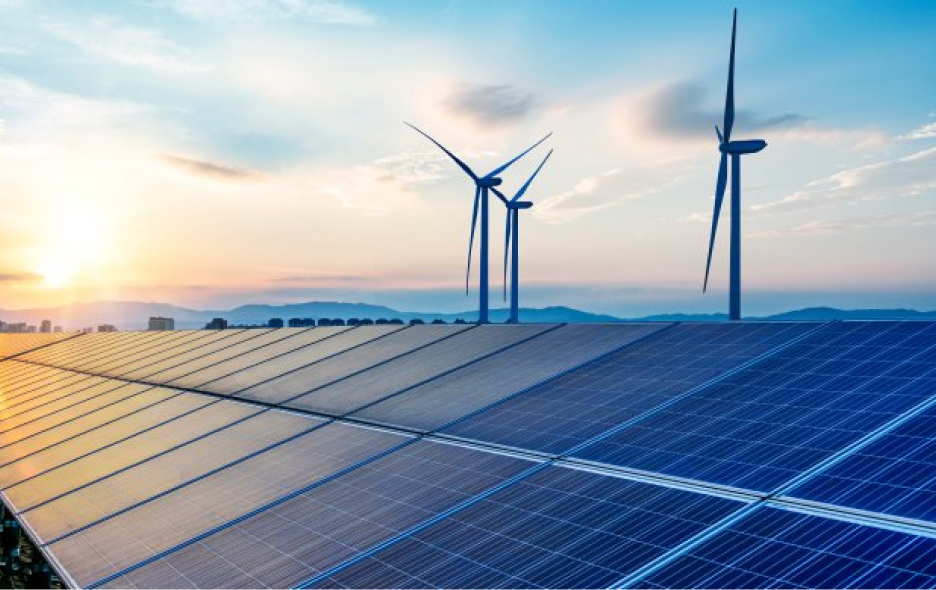 Solar panels and wind turbines generating clean energy