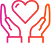 Icon representing healthcare or medical support, with stylized hands holding a heart.