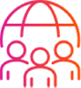 Icon of three people connected by a globe symbol, representing global collaboration or teamwork