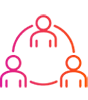 Simple icon representing a team of three people, connected by a circular line, symbolizing collaboration and unity