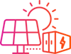 Stylised pink and orange icon showing a sun, a solar panel, and a battery, symbolising solar energy and energy storage.